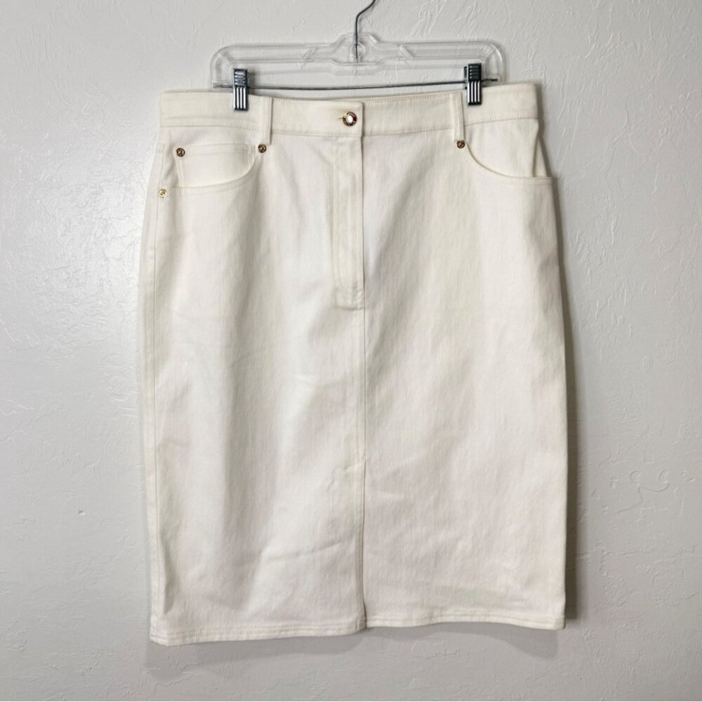 St. John Women Size 14 White Denim Midi Skirt With Gold Button Detail NEW $495 - Picture 1 of 5